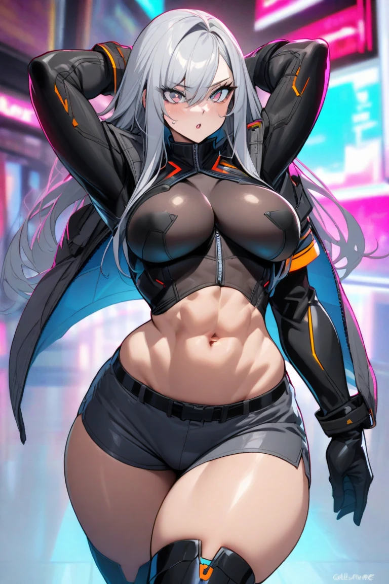 Beautiful girl in black going to high-school detailed muscles realistic masterpieces full figure pose (best quality,ultra-detailed), white-haired girl, vibrant blue eyes, high ponytail, fair skin, fit body, slim figure, narrow waist, large buttocks, (confident expression), high school background on Earth