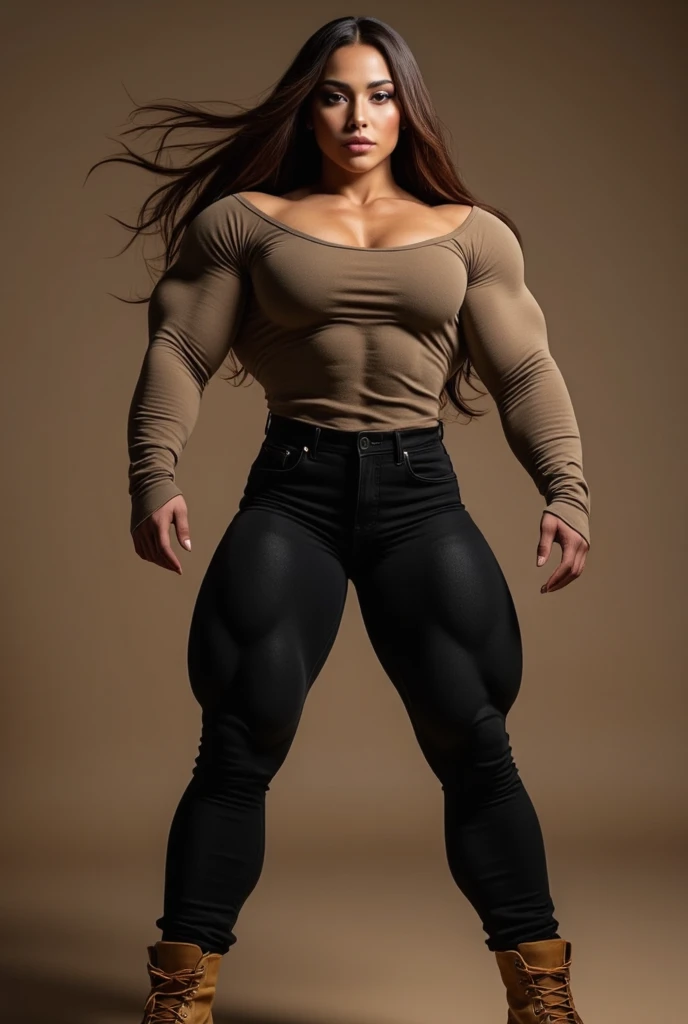 ((((muscular 1girl)))) (((thick thighs toned body small breasts))) (pale skin) black hair yellow eyes very long hair ((full body)) tight shirt tight pants