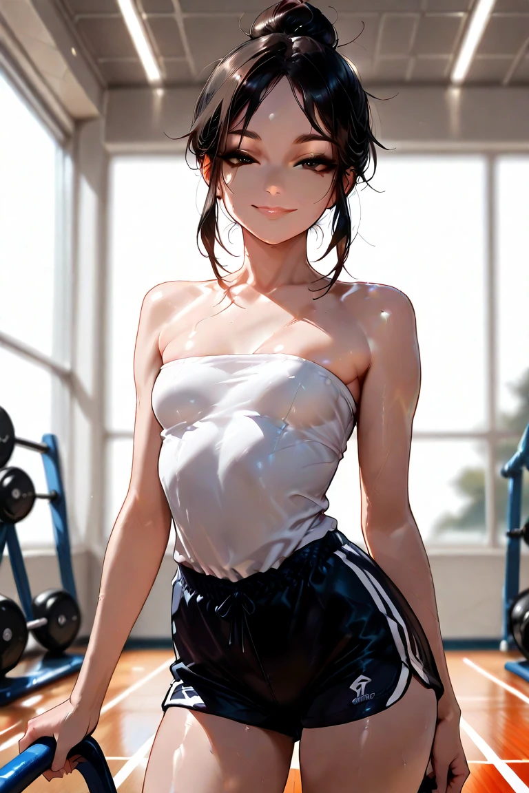 ((perfect anatomy:1.2,realistic,:1.3,RAW Photography:1.3,masterpiece、highest quality、Ultra - High resolution、High resolution、Highly detailed CG、8K)),cowboy shot,1 female,solo,20 year old beauty,((beautiful detailed face and eyes,big and gorgeous eyes)), brown eyes,smile,(brown hair,long hair,forehead,center parted hair:1.2、straight hair),(medium breasts,slender body,small head:1.3,skinny,tan skin,gleaming skin,oily skin,shiny skin,sweat:1.4),(light gray t-shirt,light gray sweatshorts,),dancing,Practicing dance、Turn your body to the viewer、gymnasium hall,