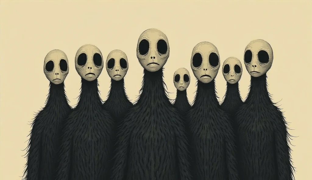 The alien creatures were tall and thin, and they had big eyes. They were wearing strange clothes that Whiskers had never seen before. --auto