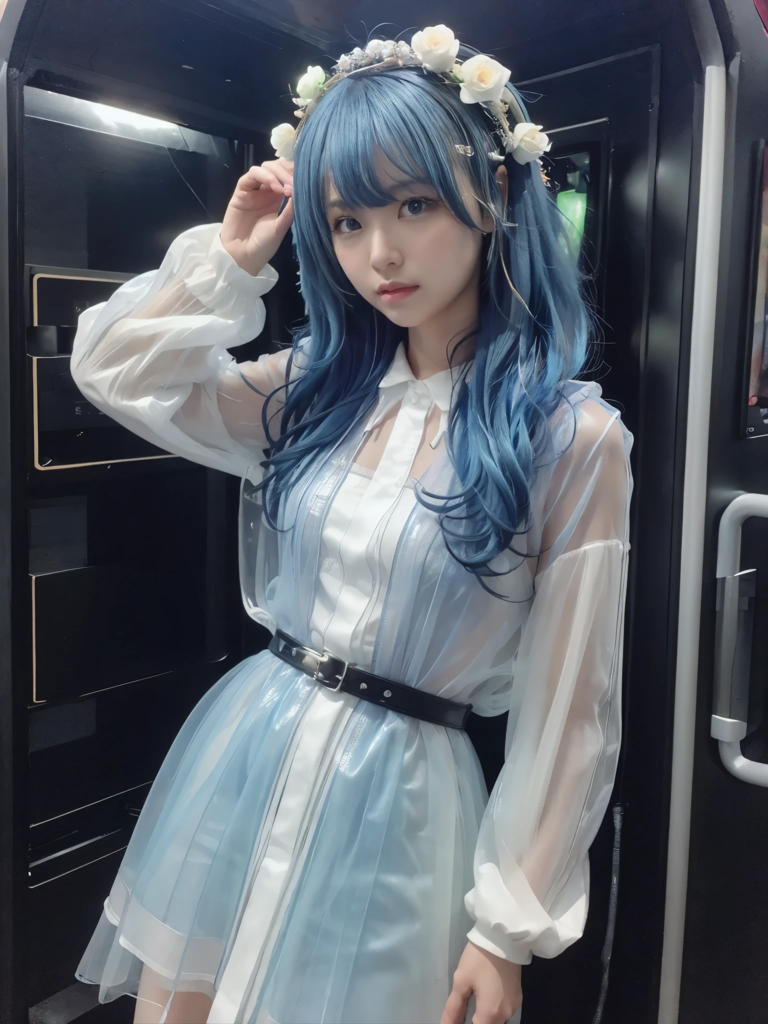1 mechanical girl: 1.4, Yoshino Himegawa , (tall japanese girl 140 proportions 9:1 chest32 waist 20 hip33 white skin light blue hair ), transparent latex dress, , on the side,Transparent Latex Hooded jacket with a flower crown on her head, Realistic sci-fi background, complex background,Inside a spaceship in the 2300s, shiny hair, Light hair forehead, Moon , Panorama, Shy Gesture