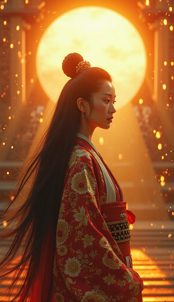 A cinematic 4K ultra-detailed painting of Amaterasu, the Shinto sun goddess, standing proudly and facing directly forward, radiating divine presence. Her long black hair flows gracefully down her back, framing her serene yet powerful face. She wears an opulent kimono adorned with intricate golden embroidery, shimmering under the celestial sunlight. Behind her, a radiant sun glows with divine energy, casting warm golden light upon her and illuminating her regal expression. Ethereal golden particles float around, enhancing the mystical atmosphere. The dramatic lighting highlights her features, with soft sunbeams filtering through a sacred temple in the background. Created Using: hyper-detailed rendering, photorealistic textures, vibrant cinematic lighting, soft atmospheric haze, natural look.
