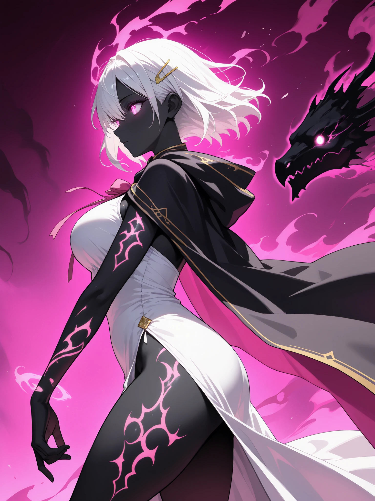 (masterpiece),(absurdres),(ultra detailed),(beautiful detaile),(side view,closeup,magic stance、shadow,white aura、glowing eyes,),(shadow、glowing、aura、black skin、glowing skin、aura skin、mist、void、dark fantasy)、glowing eyes,thick thighs, ethereal, floating hair, totally black skin, glowing eyes, ghost, black skin, glowing skin, aura skin, smokey skin, dark skin, misty and wispy, swirling smoke, ethereal, white and pink,(solo girl),(24-year-old),(white hair),(shortcut hair:1.1),(pink eyes),(middle breast:0.9),(()),(yellow hairpin:0.9),(()),(wizard costume,black cloak,white dress:1.1),ナタリア