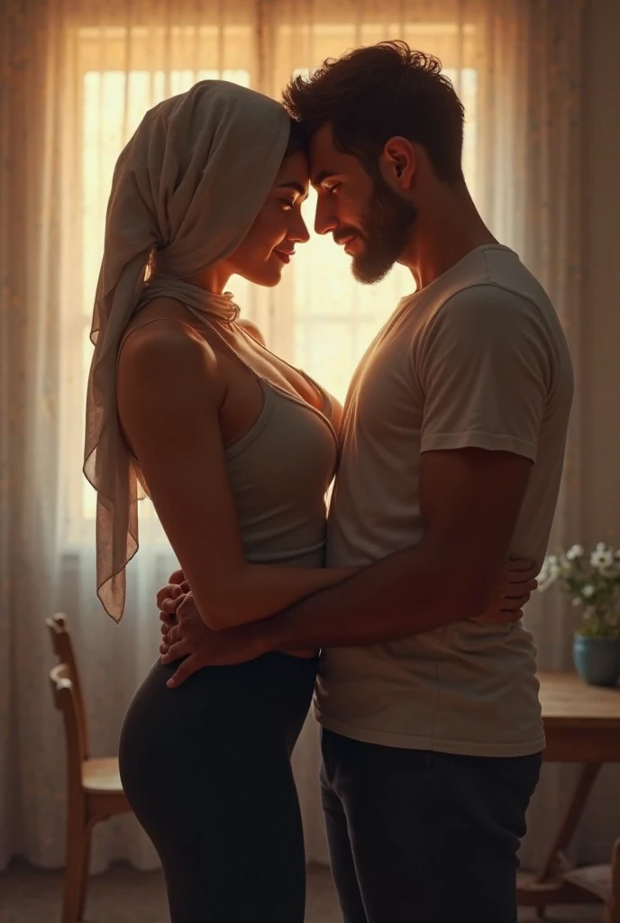 Black headscarf at home, white long sleeve t shirt, grey sweatpants, barefoot, Sexy woman with glasses kissing a man 