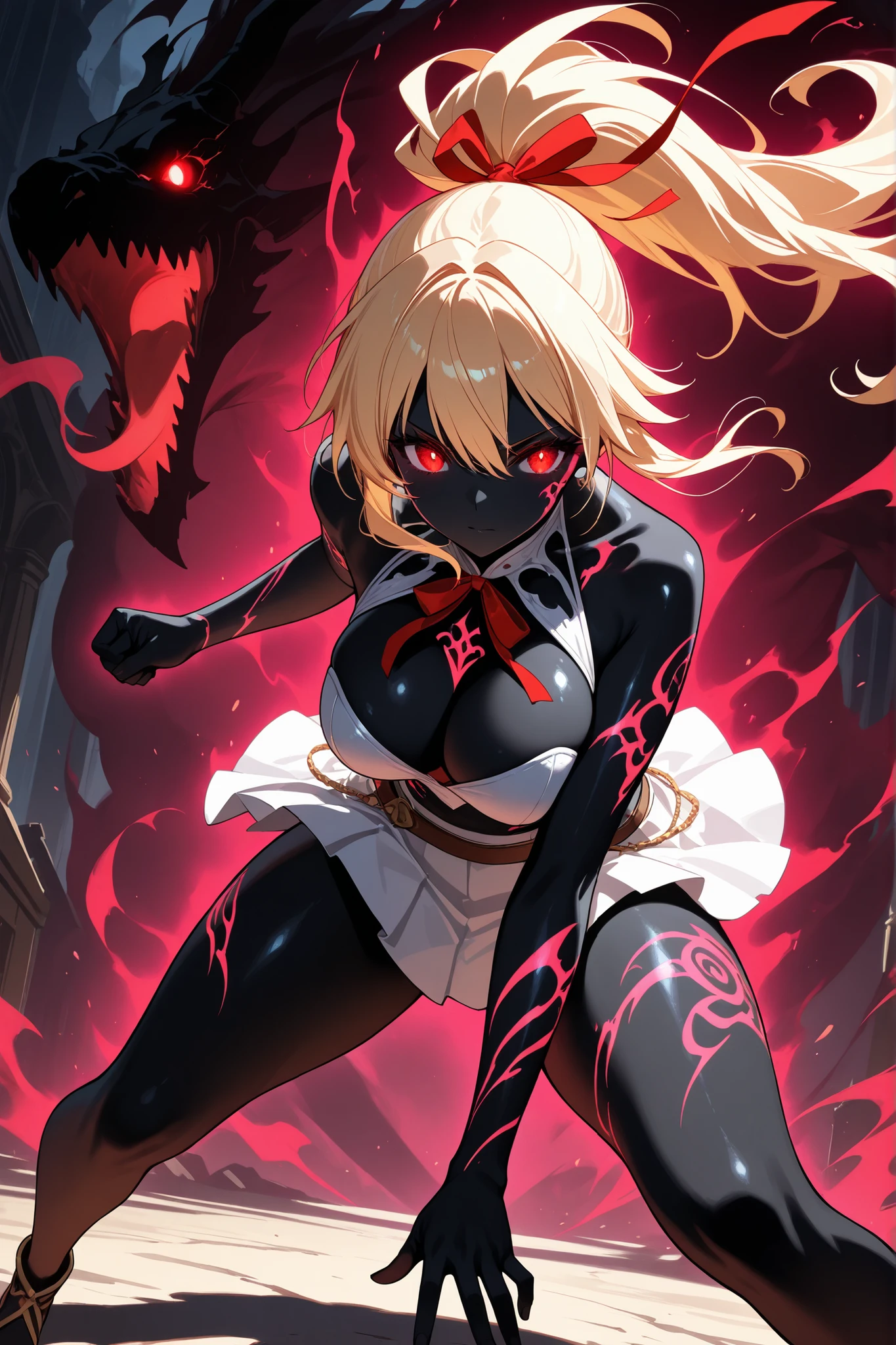 (masterpiece),(absurdres),(ultra detailed),(beautiful detaile),(closeup, fight stance、shadow,bronde aura、glowing eyes,),(shadow、glowing、aura、black skin、glowing skin、aura skin、mist、void、dark fantasy)、glowing eyes,thick thighs, ethereal, floating hair, totally black skin, glowing eyes, ghost, black skin, glowing skin, aura skin, smokey skin, dark skin, misty and wispy, swirling smoke, ethereal, bronde world,(solo girl),(20-year-old),(blonde hair:1.0),(red eyes:1.1),(highponytail:0.9),a little red ribbon:0.8,long hair:0.8,middle breast:0.8,(()),(white skirt:1.0),(()),フランセット