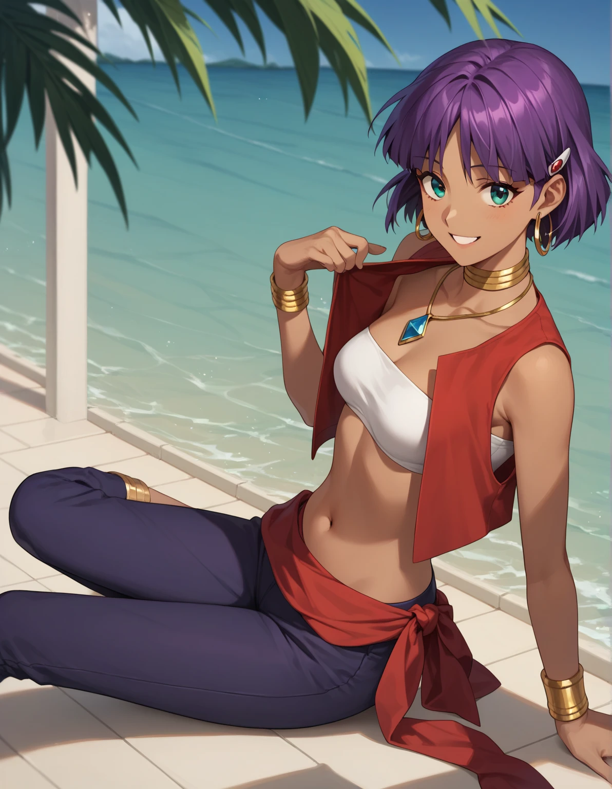 source_anime,score_9,score_8_up, score_7_up, 1boy,solo,outdoors,one piece, apex legends, loba, couch, indoors, seductive, face closeup, ((closed mouth)), smirk, thighs, long shot, balcony, mountain and riverbackground, fancy, white couch, laying, leaning, front view, red underwear, shorts with rope outline, white robe, genderswap, genderbend, bulge, genderbend ftm, ftm, short hair, femboy, Japanese rope underwear, shota, young, very young, aged down, lole, tiny, night time, smug, smirk, night, after dark