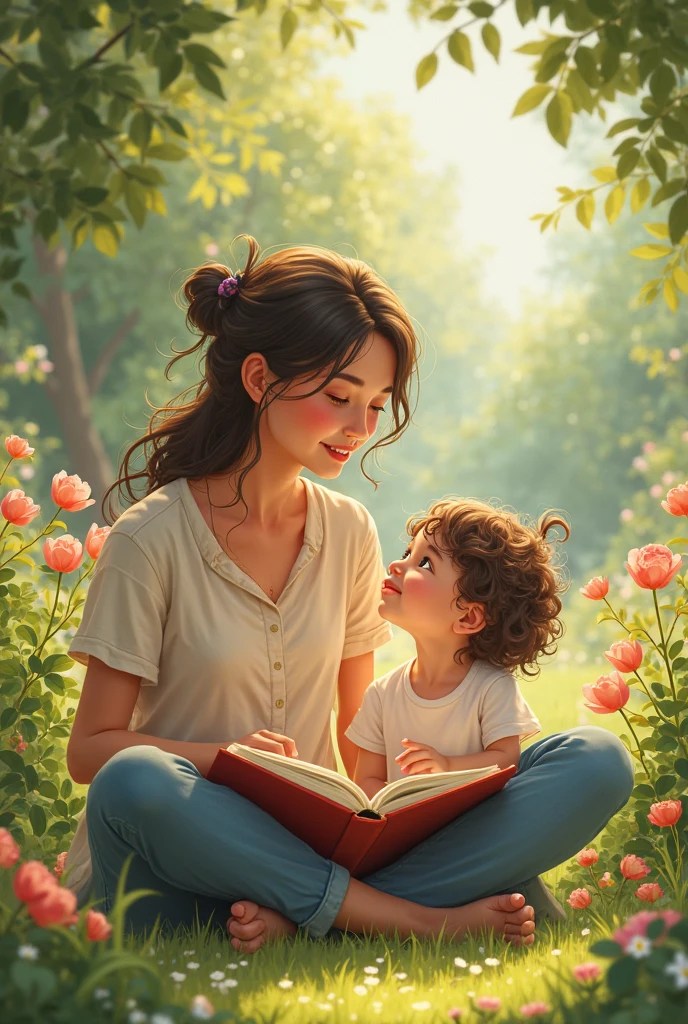 And the  grew a little bit, playing in the garden while reading a book with his mother 