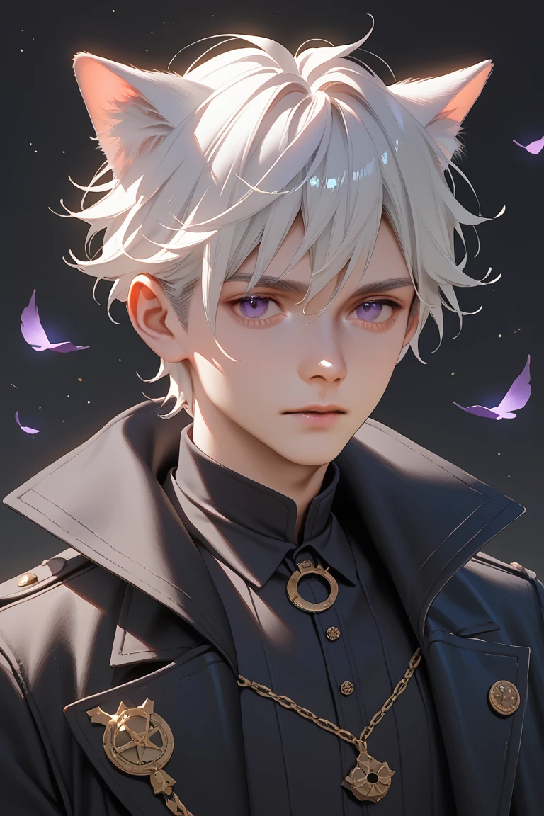 A man with purple eyes and white hair wearing A black coat and cat ears ...
