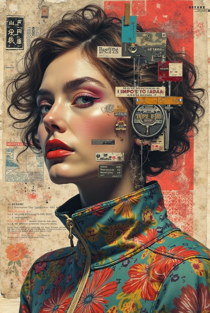 (best quality, ultra-detailed, 8k resolution, collage art style, retro aesthetic, vintage magazine cutouts, surreal and experimental composition, analog textures, paper edges, torn elements, 1960s and 70s color palette, eclectic visual mix, overlapping faces, abstract body parts, old advertising text fragments, grainy newsprint overlays, pop art influence, tape and glue effects, cultural iconography, random objects, hand-drawn doodles and arrows, old diagrams, surreal juxtaposition, visual chaos with artistic intent, punk zine vibes, paper clipping shadows, photomontage energy, rebellious tone