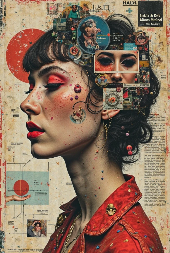 (best quality, ultra-detailed, 8k resolution, collage art style, retro aesthetic, vintage magazine cutouts, surreal and experimental composition, analog textures, paper edges, torn elements, 1960s and 70s color palette, eclectic visual mix, overlapping faces, abstract body parts, old advertising text fragments, grainy newsprint overlays, pop art influence, tape and glue effects, cultural iconography, random objects, hand-drawn doodles and arrows, old diagrams, surreal juxtaposition, visual chaos with artistic intent, punk zine vibes, paper clipping shadows, photomontage energy, rebellious tone