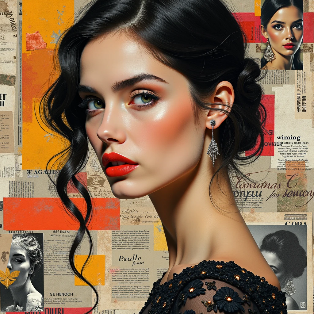 ((​masterpiece))、((top quality))、magazine clippings、collage art、female