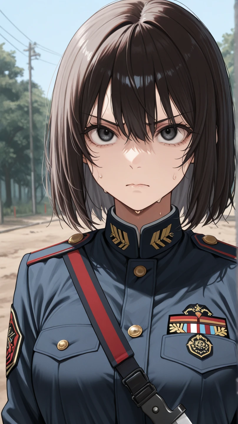 woman, full body, shoulder length black hair, fears, green eyes, Cadet, Attack on Titan in anime style