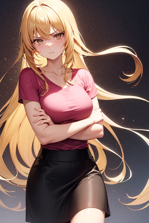 Anime girl, 1 anime girl, golden hair, golden eyes, golden pupils, glowing eyes, thick hair, blown by the wind, crop top, mini skirt, blush, sunlight, starlight, night, street city landscape, white skin, wear plain sweater, beautiful, Embarrassed pose