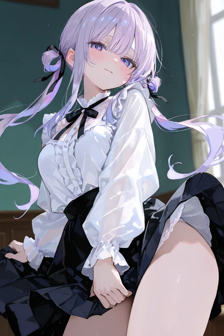 (((Best quality))), ((ultra - detailed)), (In the office), (highly detailed CGillustration), ((Very fine and beautiful)),Mature and beautiful,flustered, full blush, view the viewer,Ultra-detailed CG,Exquisite facial features,Clear facial expressions,Detailed digital anime art,Digital anime art,High quality anime art style, (Masterpiece), Best quality, Perfect face, ((1girll)), Mature woman, Leaning forward, ((Very long gray hair:1.5)), High ponytail, extremely giant breasts, Hanging breasts, cleavage, Narrow waist, ((ribbon:1.2)), Wearing glasses, ((Superskirt:1.5)), choker necklace, Very small shirt, Transparent shirt, ((Pink purple dress:1.3)), ((The skirt was blown away)), ((Mini tight skirt: 1.5)), ((full body:1.5)), High heels, Garters, ((Lace stockings:1.2)), ((Long and slender legs)), Beautiful legs,Erotic,Seductive pose, ((show underwear, Show panties:1.2)),accidental exposure, Expose breasts,((sittinng on the desk:1.2)), (Open legs:1.2), ((Front Shooting)), Slender figure,(nurses uniform:1.5), waist-up