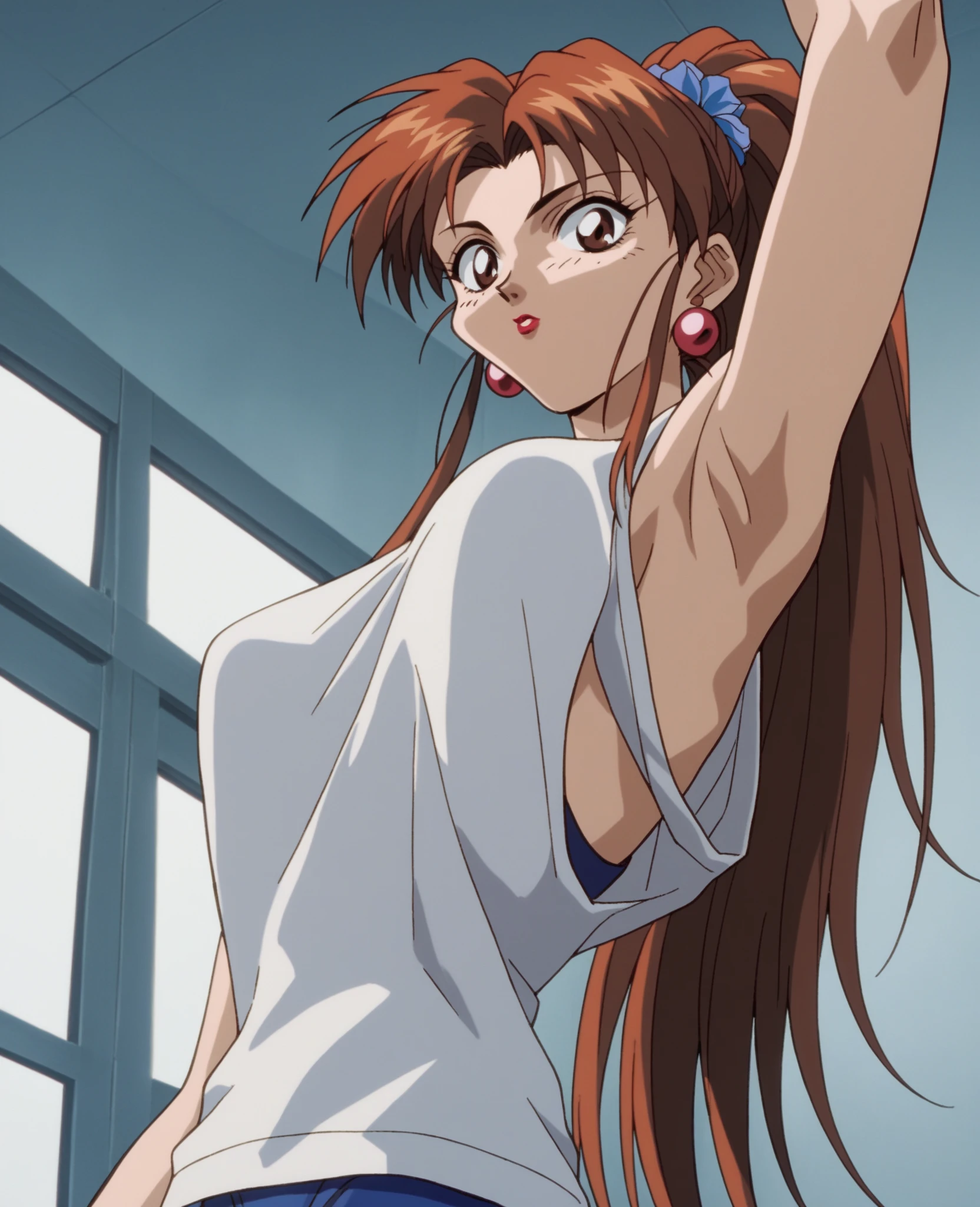 best quality, anime 1990s \(style\, ?????, sexy teen, room. Touching hair.