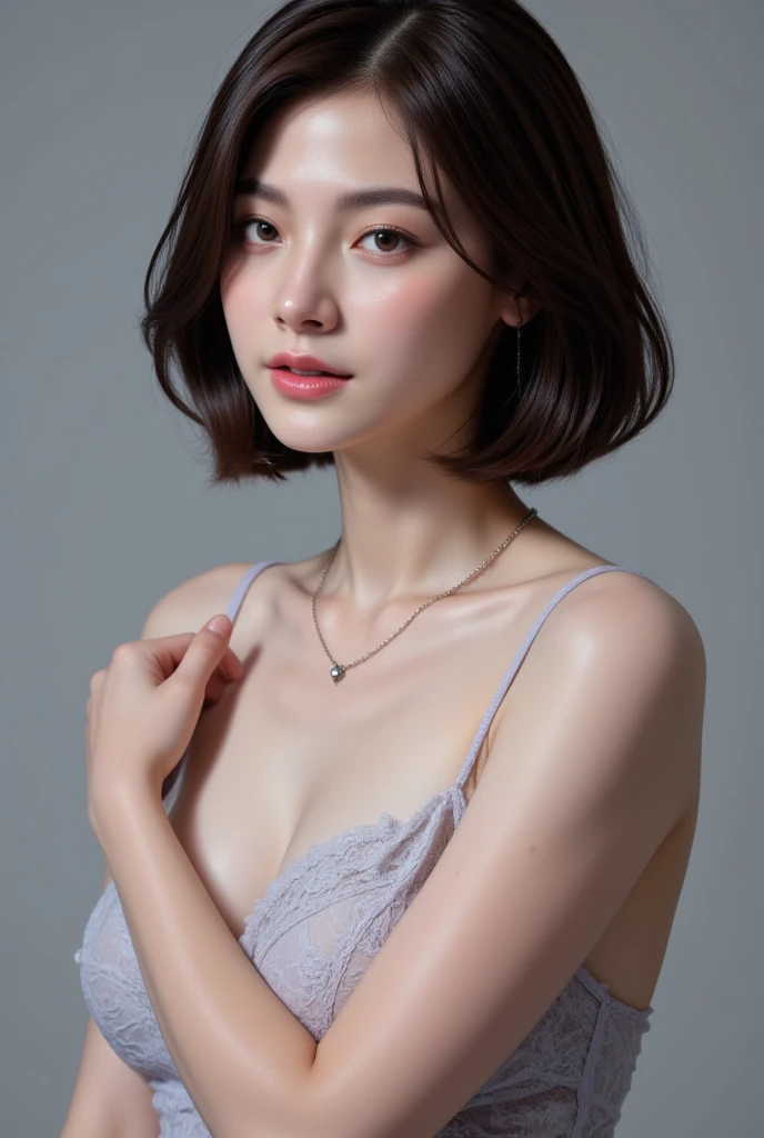 asian lady (covered with white open shirt ,bra), necklace, small breast, rounded shape breast, ((she)), ((mid-shot, full body, slender waist)), Hair Up Do、 Glowing eyes, nose blush, Carl Larsson, Alfonse Mucha, Chiaroscuro, Film Glenn, reflective light, (((long-Shot))), knee to top,show ((())), masterpiece, high details, ((gray background, studio light )) touch strap
