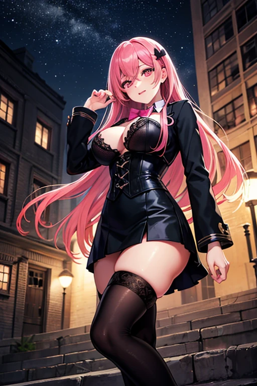ubel,((ubel of Frieren: Beyond Journey's End )),dark green hair,long hair,side ponytail,hair between eyes,bangs, BREAK (beret, black jacket, open clothes, cleavage, midriff, black shorts, black thighhighs, thigh strap, fingerless gloves, single glove:1.2) , (dynamic angle:1.3, front view:1.1, breast focus:1.3, from below:1.2), (dynamic posing:1.5, sexy posing:1.2, leaning forward), (seductive smiling:1.3),(*K) HD, highest quality, WorKs of masters, High resolution, spread legs, panties shot,1 girl, small nose,(with sparkling eyes and a contagious smile), very beautiful detailed face and eyes, bright colors, cute face, delicate beautiful face, Bright magenta eyes, cute eyes, sparkling eyes, Big eyes, (big breasts:1.3), (perky chest:1.1), (pointed chest:1.0), medium hips, glamorous body, white skin, smile, thin pubric hair, shiny hair, super beautiful face, Super beautiful eyes, Super beautiful hair,trendy outfit,sexy and attractive,explosion of colors,big hairpin,full body esbian,illegal occupation, Real World, Natural light,perfect Natural light,looking at viewer,