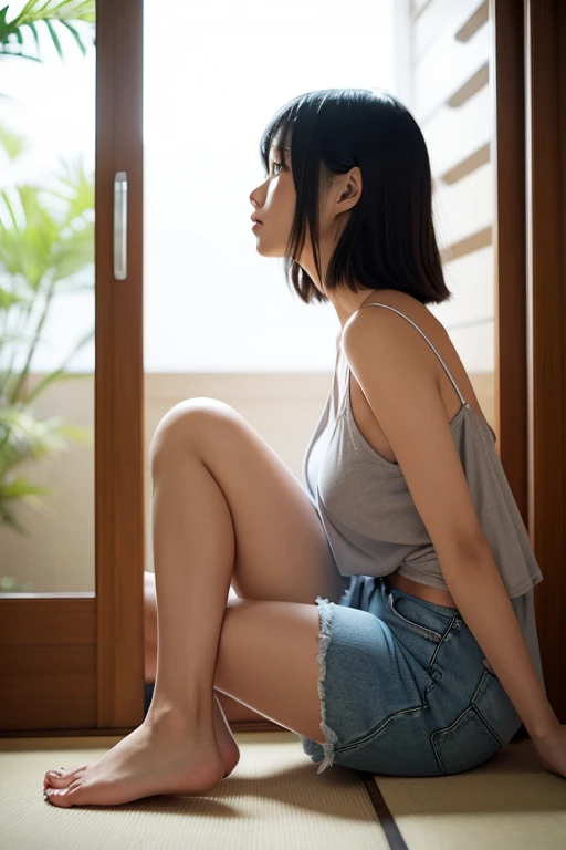 Dark brown hair、Light brown eyes、Japanese actress、 Lady、I am about 40 years old...........、(Intricate details:1.2)、 (Ultra-high resolution:1.2)、Ultra-high resolution、(Finely tuned)、(Detailed facial features)、Hmph、8K resolution、D cup size breasts、Long Hair、Bright terrace room with sunlight streaming in、Large windows、Extravagant space、relax、、,Full body photo、Head to toe shot、Beautiful feet、black　Loose fit openwork T-shirt、Underwear shorts、Beautiful feet、Bright terrace room with sunlight streaming in、she, household items,   (plant:0.8), Fashion Hub, Very detailed, Very detailed, Realistic, Hourglass Shaped Body, Obscene pose,、Messy Hair、Messy ponytail、Leaning against a wall、I cry a lot、tears、Skin is visible through the knit、White floor、White wall、A masterpiece of transparent painting、