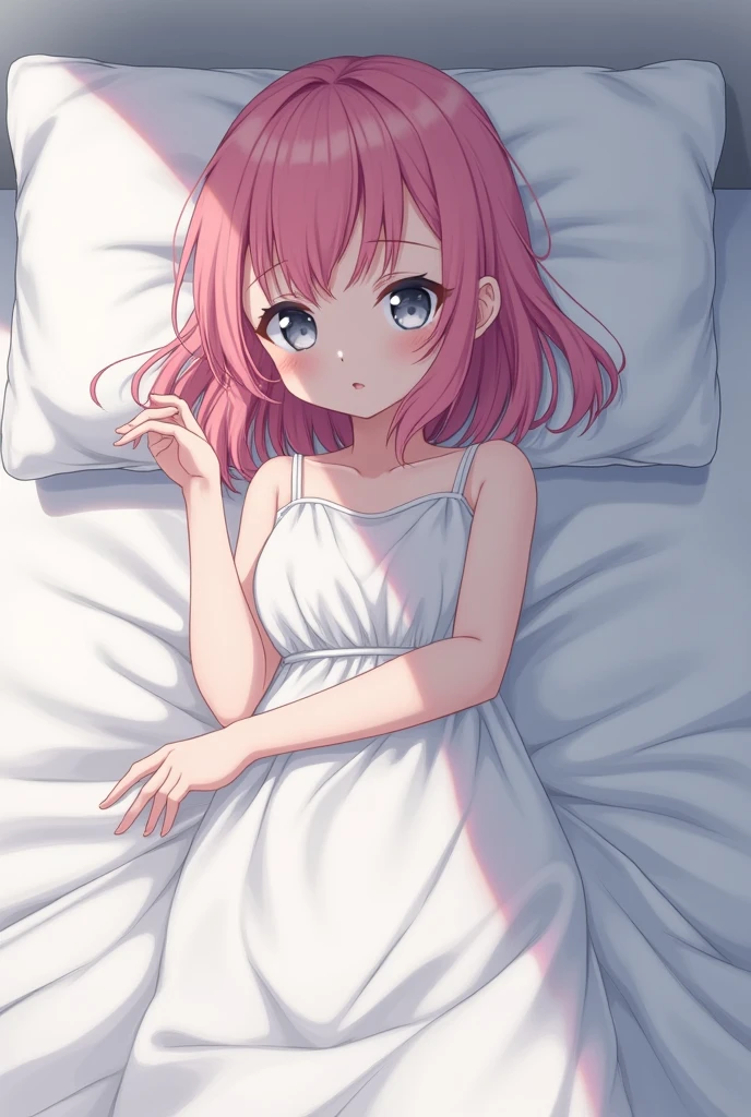 One 15-year-old girl, Night Dress、(Pink hair color,Inner color hairstyle), Beautiful Hair, Facial Contour, Remember, ,Hotel, splash, Lens flare, noon, bright, Natural Color, High resolution, Very delicate, Very detailed, 8k,Lying in bed、Just a slight swelling of the chest、Shyness、Angle from above,((Sexual))