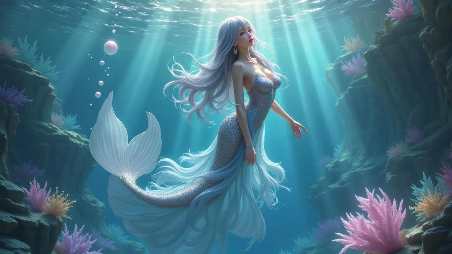 Create a mermaid with beautiful breasts, lace, transparent, Surrealism, social media composition, high details, high details, high quality, best quality, 8k, 16k