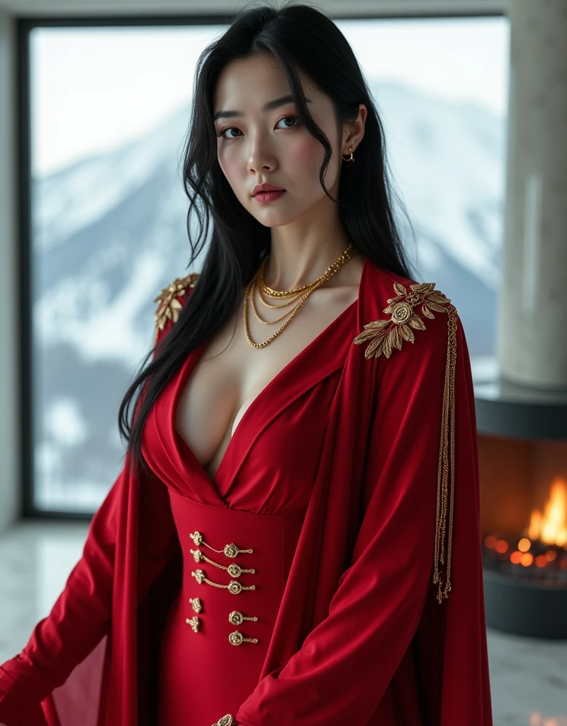 beautiful chic business woman, stately, stately chinese woman, elegant gown, red form fitting dress, long sleeve dress, black pencil skirt, deep v, delicate gold necklace, delicate gold body chains, chic and stylish, stately and mature, powerful executive, delicate bangle, wearing a short cape, busty, beautiful woman, cold lighting, asian woman, cleavage, short cape, gold chain embroidery, brutalist white marble room, gold buckles and chains, bay window, gold wireframe harness, snowy mountain peaks outside, slutty and kinky, body chains, portrait, portrait of a beautiful woman, mountains visible through window, small warm fireplace, bay window, ebony furniture, beautiful and powerful chinese woman, delicate body chains, confident and powerful, gold necklace, seductive and confident, pale skin, brutalist superstructure, vast brutalist room, ((lots of jewelry and chains)), cleavage, black hair, in front of skyline, busty, confident and powerful, stately outfit, slutty dominatrix, snowy brutal mountains outside,
