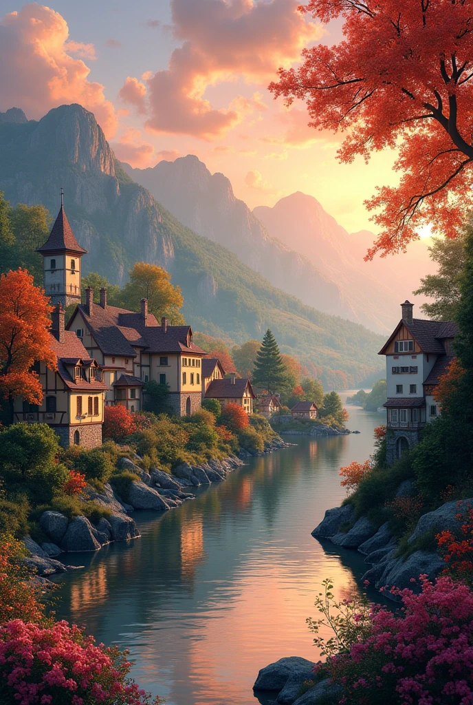 a small village by the river, mountains in the background, floral flowers colorful, detailed landscape, Beautiful natural landscapes, atmospheric lighting, scorching sunset, warm colours, practical, photopractical, Detailed Foliage, complex buildings, cobblestone street, Charming country house, swirly vibrant colors, lush vegetation, Still water reflections, Picturesque, idyllic, work of art, best qualityer, 8k, extremely detaild,anime styling