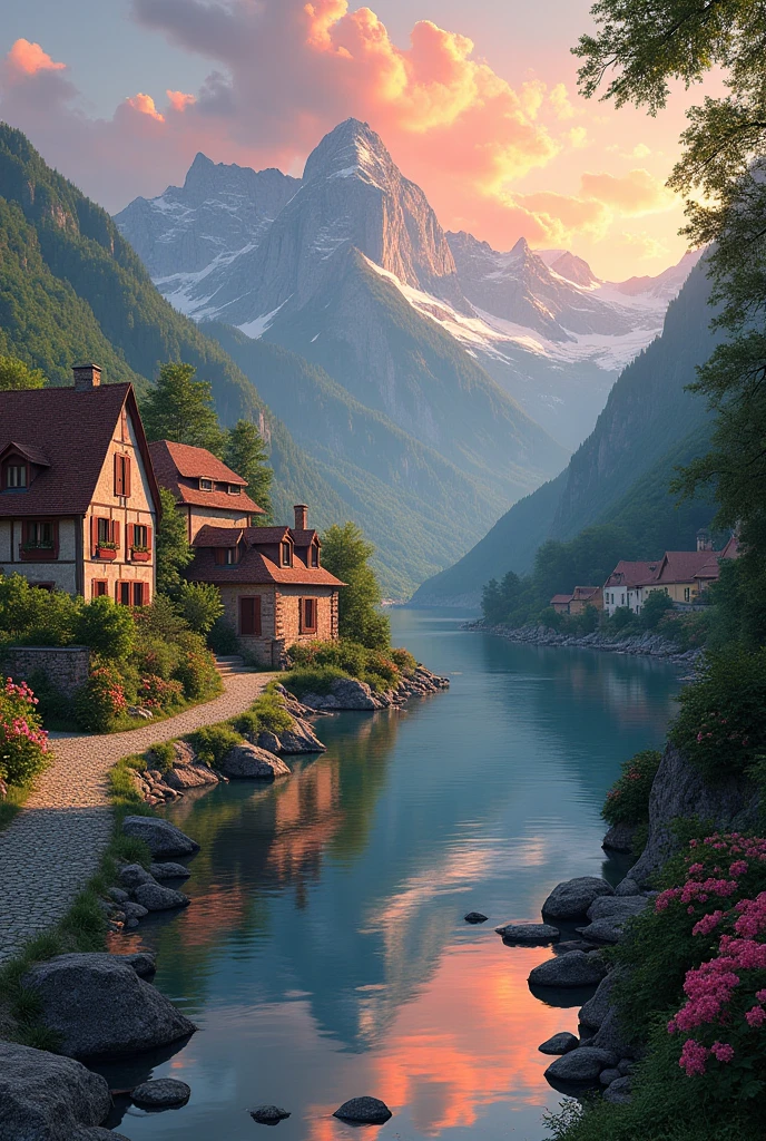 a small village by the river, mountains in the background, floral flowers colorful, detailed landscape, Beautiful natural landscapes, atmospheric lighting, scorching sunset, warm colours, practical, photopractical, Detailed Foliage, complex buildings, cobblestone street, Charming country house, swirly vibrant colors, lush vegetation, Still water reflections, Picturesque, idyllic, work of art, best qualityer, 8k, extremely detaild,anime styling