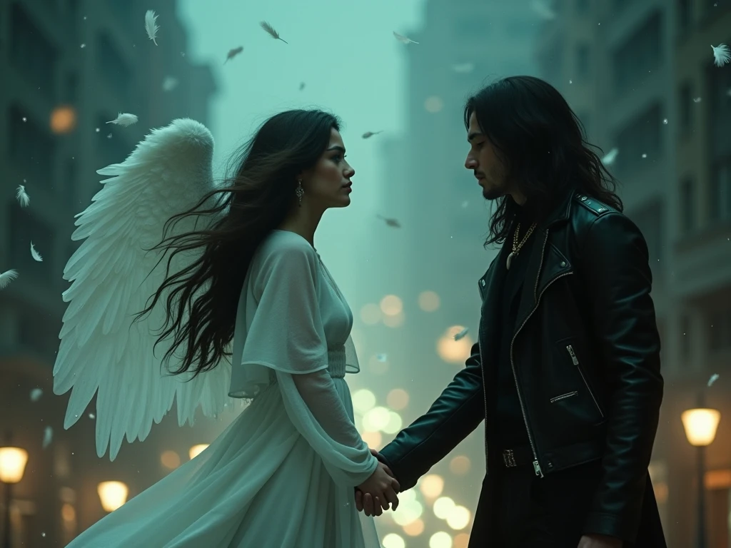 A mysterious angel woman with long dark hair and sapphire green eyes floats in the air, dressed in a white cloth that waves softly. Remain distant, serene and untouchable, while a rocker man dressed in black with long hair and a leather jacket reaches her with longing. The space between them is full of particles of light or feathers, emphasizing emotional and physical distance. surreal atmosphere, cinematic and dreamlike,  with dim lighting , a symbolic image of unattainable love. The city is dark and full of neon lights all around it..