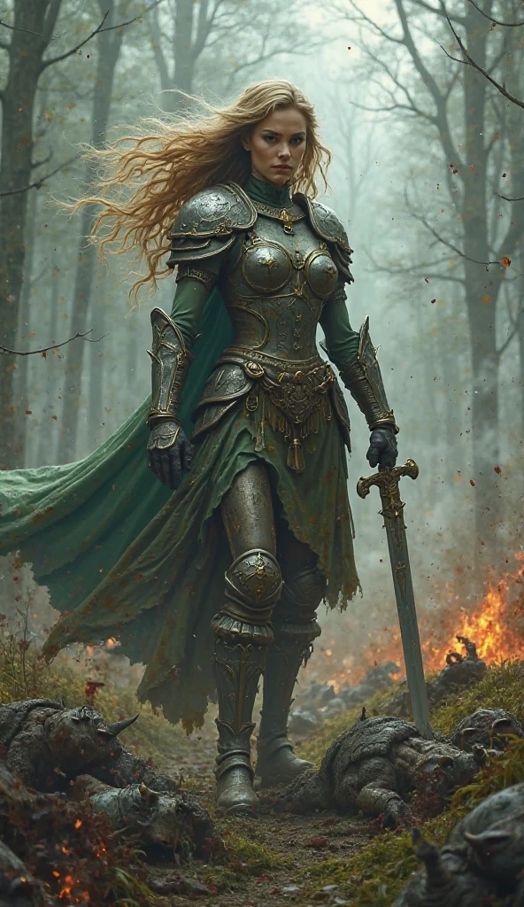 "A fierce scene of the Forest Guardian Princess standing tall on a chaotic battlefield strewn with defeated goblins. She grips a gleaming sword in her hand, her regal yet battle-worn armor glinting under a stormy sky. Around her lie the bodies of fallen enemies, their crude weapons scattered across the blood-stained earth. The air is thick with the tension of battle—smoke rises from smoldering patches of grass, and distant war cries echo through the dense, shadowy forest. Her expression is resolute, her stance unyielding, as the wind whips through her flowing hair, marking her as both protector and warrior."
