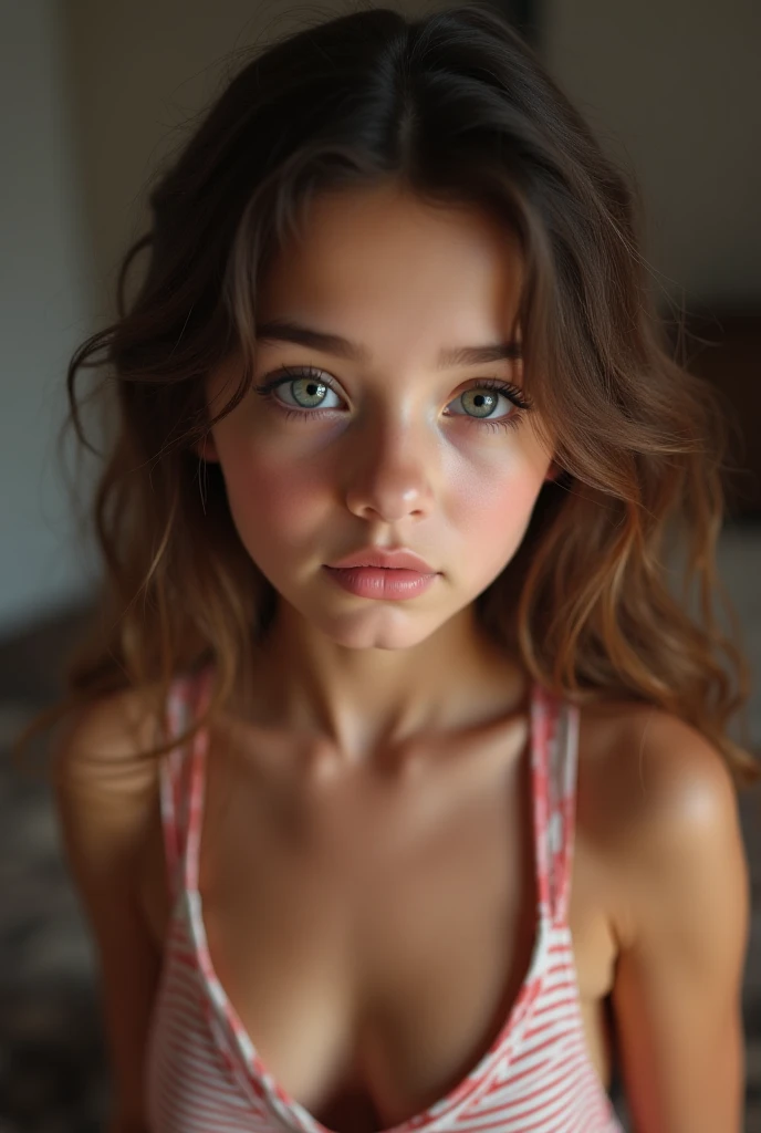 Teen bare breasts, へそ, (body skinny:1.3)、(ssmile:1.5)、(nude:1.5)、(A is 10 years old..:1.5)、sad , perfect blue eyes, pale gothic skin, smooth and silky skin,