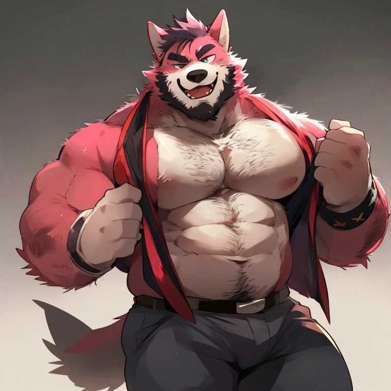 Best quality, Diederich, Furry Wolf, Red Fur, Red eyes, Medium Muscular Body, Solo, Handsome, Good Looking, Topless, Cool Pose, Sweat, Hands hold head, Kneeling, Athletic shorts, White socks, Leg speard, Fierce, Smiling, Locker room, Looking at viewer