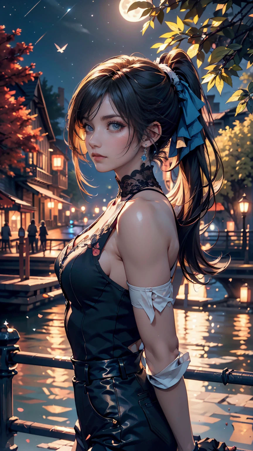 original, (masterpiece), (illustrations), (Extremely beautiful and delicate), (perfect detail), ( Unity CG 8K Wallpaper :1.05), ( Beautiful Clear Background :1.25), (Depth of Field:0.7),1 girl,Moonlight , (A long, short ponytail flying around:1.15).(My hair flutters in the wind:1.1), standing on the side of the river , (Moonlight:0.6), tree, (summer), ( night :1.2), (close-up:0.35), (gloves:0.8), solo ,