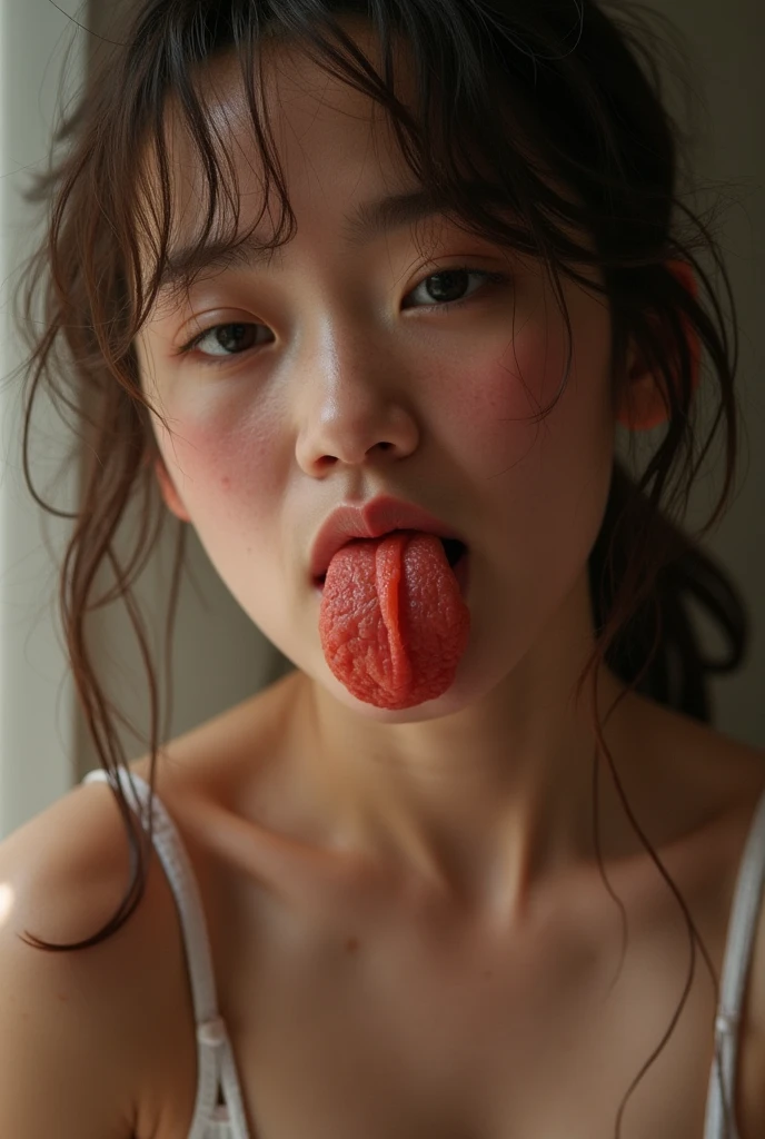 A girl with a landmine-like face makes an ahegao face while masturbating naked