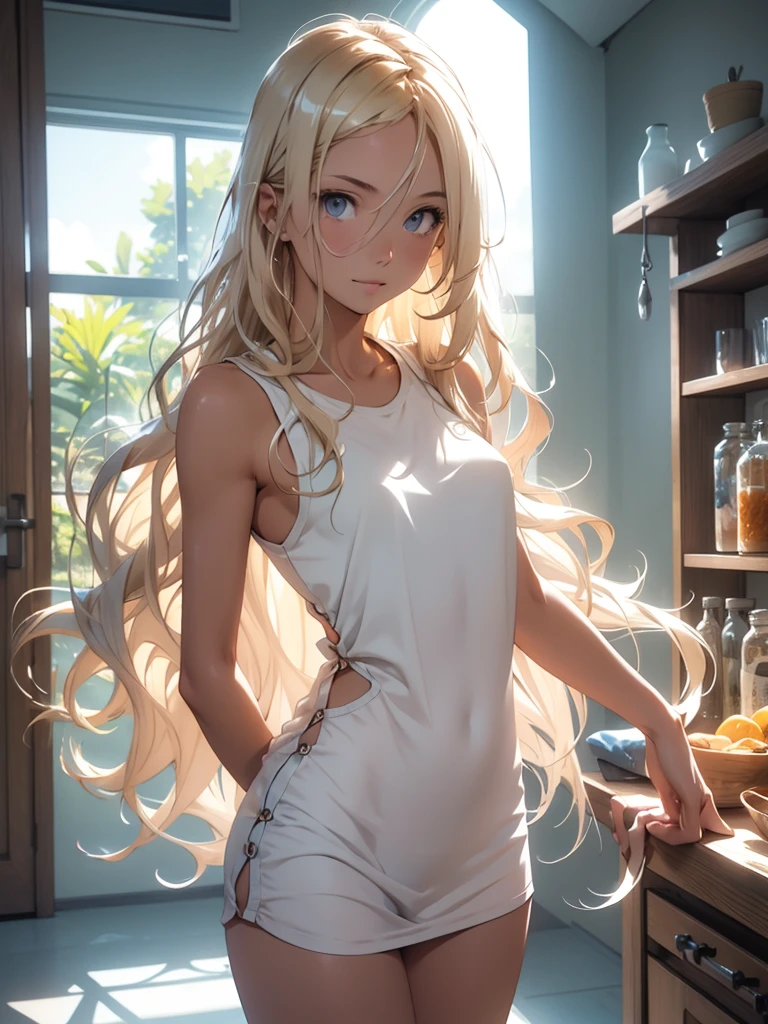 long wavy blonde hair, white sleeveless top, relaxed pose, standing, smooth tan skin, indoor setting, light blue background, natural soft lighting, casual and fresh atmosphere, front view, well-balanced exposure