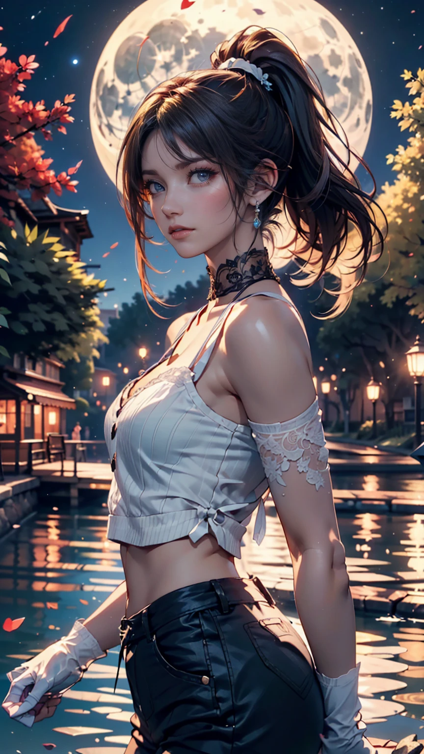 original, (masterpiece), (illustrations), (Extremely beautiful and delicate), (perfect detail), ( Unity CG 8K Wallpaper :1.05), ( Beautiful Clear Background :1.25), (Depth of Field:0.7),1 girl,Moonlight , (A long, short ponytail flying around:1.15).(My hair flutters in the wind:1.1), standing on the side of the river , (Moonlight:0.6), tree, (summer), ( night :1.2), (close-up:0.35), (gloves:0.8), solo ,