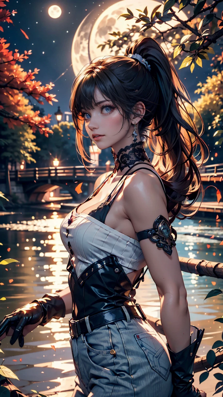 original, (masterpiece), (illustrations), (Extremely beautiful and delicate), (perfect detail), ( Unity CG 8K Wallpaper :1.05), ( Beautiful Clear Background :1.25), (Depth of Field:0.7),1 girl,Moonlight , (A long, short ponytail flying around:1.15).(My hair flutters in the wind:1.1), standing on the side of the river , (Moonlight:0.6), tree, (summer), ( night :1.2), (close-up:0.35), (gloves:0.8), solo ,