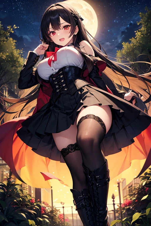 1 girl,masutepiece, Best Quality, hight resolution, Long gloves, Bare shoulders, Dress, off shoulders,fullmoon、((pantyhose))、long boots、Photo from below、a pose that opens the legs、Black panties