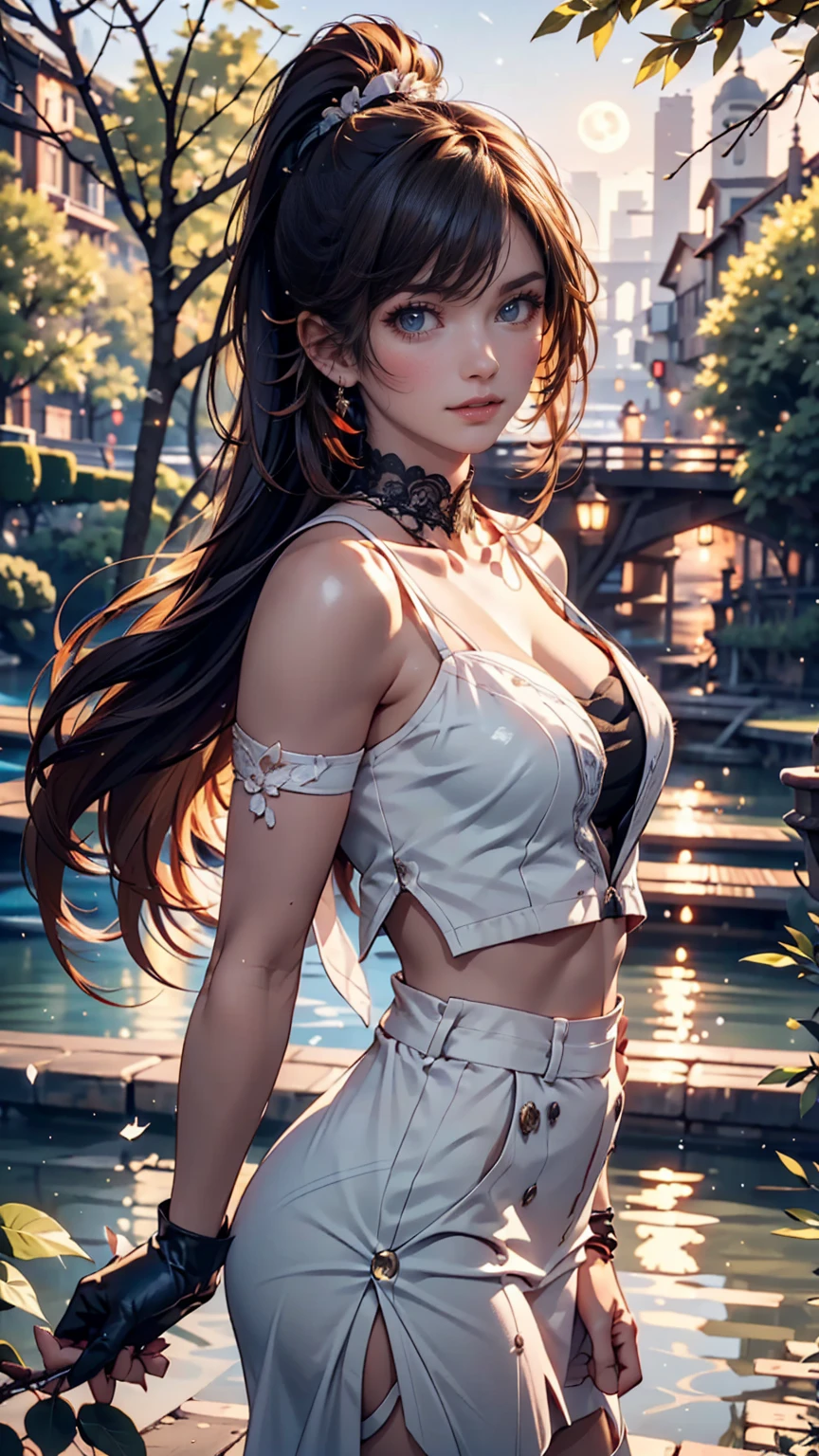 original, (masterpiece), (illustrations), (Extremely beautiful and delicate), (perfect detail), ( Unity CG 8K Wallpaper :1.05), ( Beautiful Clear Background :1.25), (Depth of Field:0.7),1 girl,Moonlight , (A long, short ponytail flying around:1.15).(My hair flutters in the wind:1.1), standing on the side of the river , (Moonlight:0.6), tree, (summer), ( night :1.2), (close-up:0.35), (gloves:0.8), solo ,