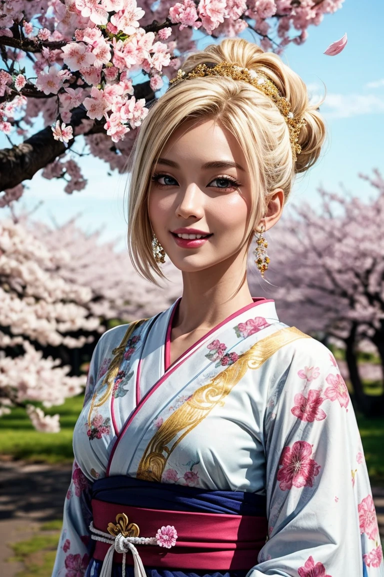 No.18,Dragon Ball Z,One-length hair,beautiful white blond hair, beautiful blue eyes ,PINK LIPS,white skin,in a sakura-colored kimono studded with beautiful gold leaf,smile,Ultra HD,super quality,masterpiece,DSLRs wearing the law,photorealistic, Detailed Details,Vivid details,drawn in detail,detailed face, Detailed Details,Super Details,realistic skin texture that shows through the whole body, colorful candy room ,perfect anatomy,anatomically correct hands,anatomically correct finger,complex 3d rendering,Mysterious cherry blossom blizzard,sunset,Beautiful Dusk,Beautiful Scenery of Japan,Hair fluttering in the breeze,Beautiful like a painting,takes pictures of Hirose's whole body,9 heads,