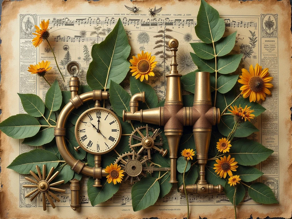 Mechanical Botanical Garden: Retro Collage * Main materials: Cutouts of precise mechanical diagrams from old scientific magazines (clock gears, brass pipes, microscope parts), faded pressed leaves and dried flowers from 19th century botanical books, fragments of antique music sheets, yellowed article fragments from old newspapers. * Accents and decorations: Reproductions of hand-drawn plant name labels, fragments of gear blueprints drawn in aged ink, miniature brass paperweights and magnifying glasses, some illustrations from old books (miniature drawings of insects and plants). * Colors: Overall sepia, deep green, rusty metal, antique gold, faded botanical illustrations, partially pale gray and beige from music sheets and old newspapers. * Textures: Paper texture from magazine and book cutouts, slightly rough metal texture, delicate texture from pressed leaves and dried flowers, ink bleeds and smudges. * Background: A torn section of an old nautical chart, a double page from a natural history book (showing diagrams of plant anatomy and ecology), and a blueprint of an old blueprint superimposed on top of each other. * Light and shadow: A spotlight on the main motif, slight shadows from pasted-in magazine cuttings, and delicate shadows from dried flowers and leaves. * Camera angle: A bird's-eye view from directly above, so that the composition of the collage as a whole and the placement of the individual elements can be clearly seen.