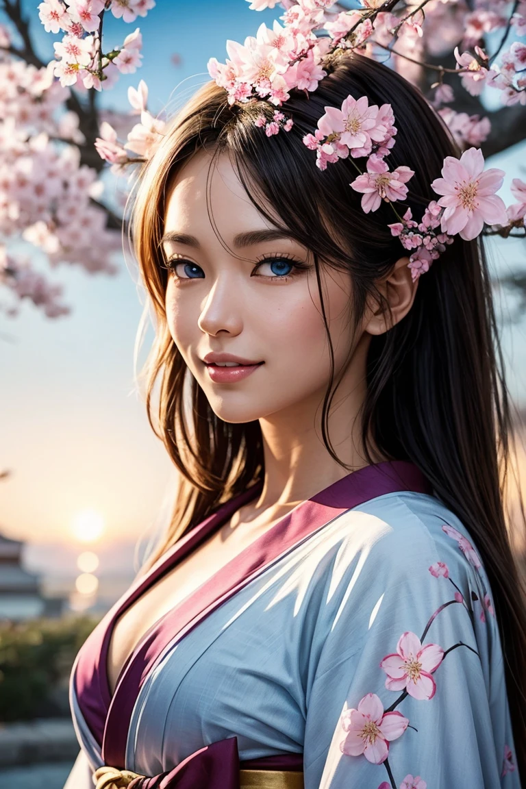 1girl, Generate a beautiful Geisha looking directly at the camera with a (loving, seductive) gaze. She stands tall surrounded by sakura blossoms covering the trees in the background