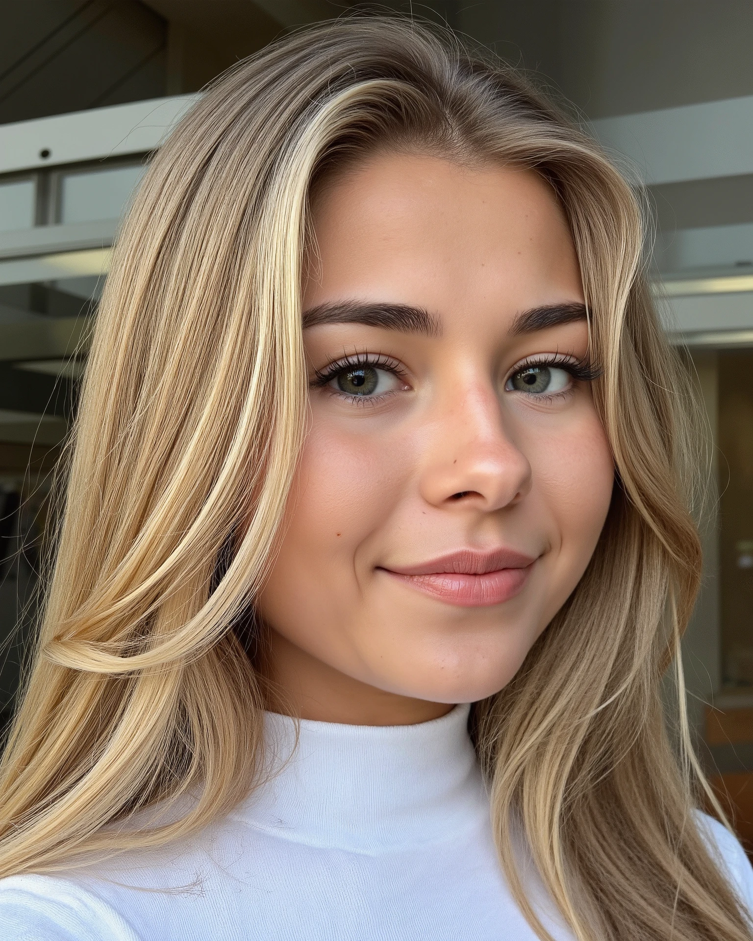 beautiful woman, young 25 years old, long blond hair, extremely detailed skin texture, sharp eyebrows, eyes creportrait of woman, detailed face, fair skin, soft expression, she is smiling sweetly, She is in a very elegant posture, inspiring femininity, 25 years old, good natural light, taken with a Fujifilm X-T5, 56mm f/1.2 lens, aperture f/2.0, ISO 200, shutter speed 1/500 sec, natural daylight with light cloud coverage, soft shadows, balanced highlights, sharp subject focus with dynamic background blur, subtle urban reflections in windows, hyper-detailed skin texture and fabric, vibrant street color palette, candid composition style, HDR for tonal range, realistic light bounce from pavement and buildings, professional-grade post-processing with cinematic tones, photorealistic environment, crisp 8K rendering