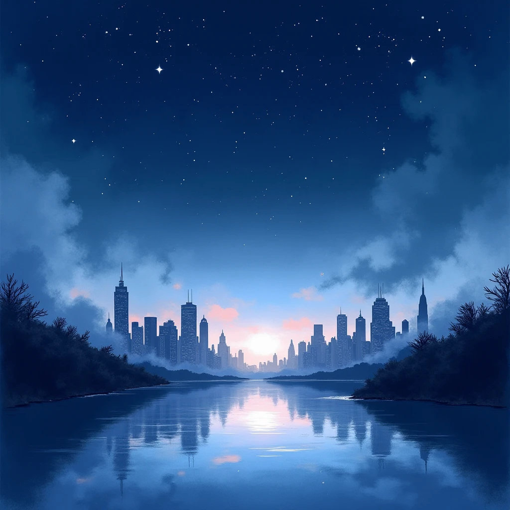 City　night　star　 Scenery　watercolor　