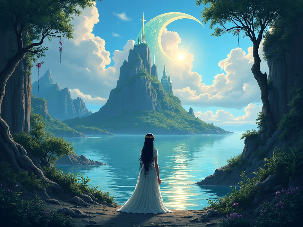 Gothic anime island in the shape of a half moon..Priestess and storyboard 