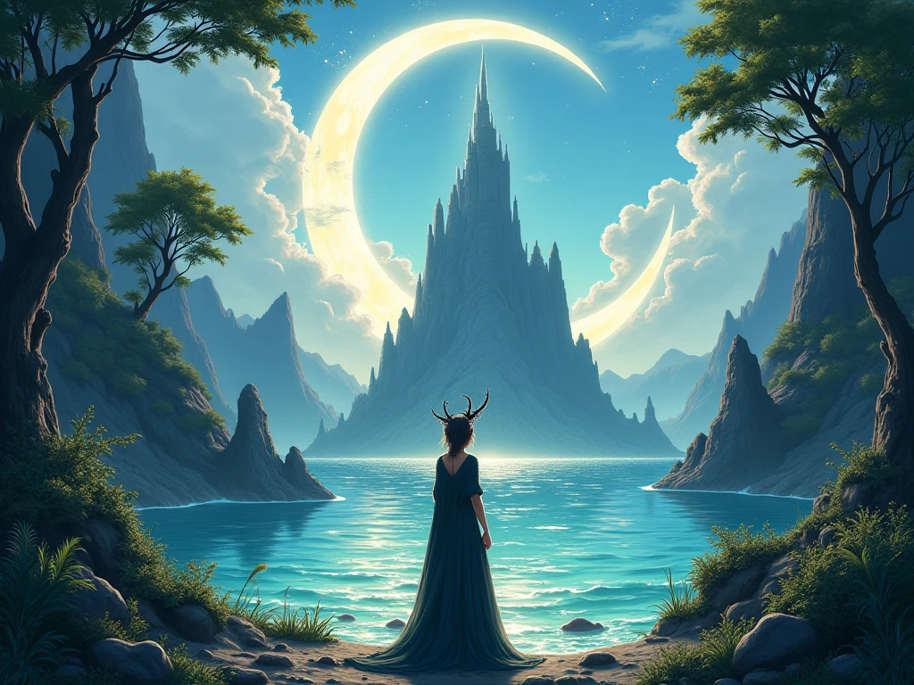 Gothic anime island in the shape of a half moon..Priestess and storyboard 