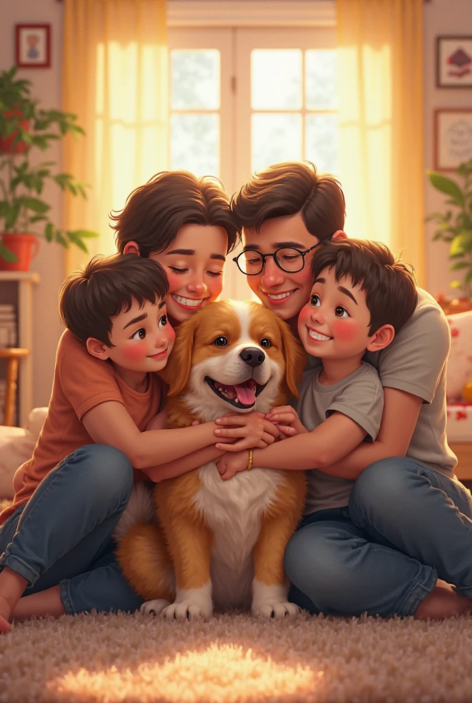 Happy family enjoying moments with ren and dog