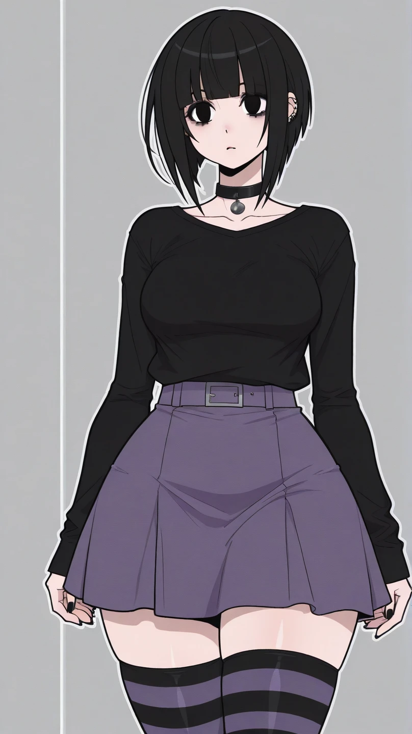 high definition illustration, anime style, female character, cabello largo, emo girl, bangs, short hair, black hair, medium breasts, medium hips, black shirt, purple skirt, long striped stockings .