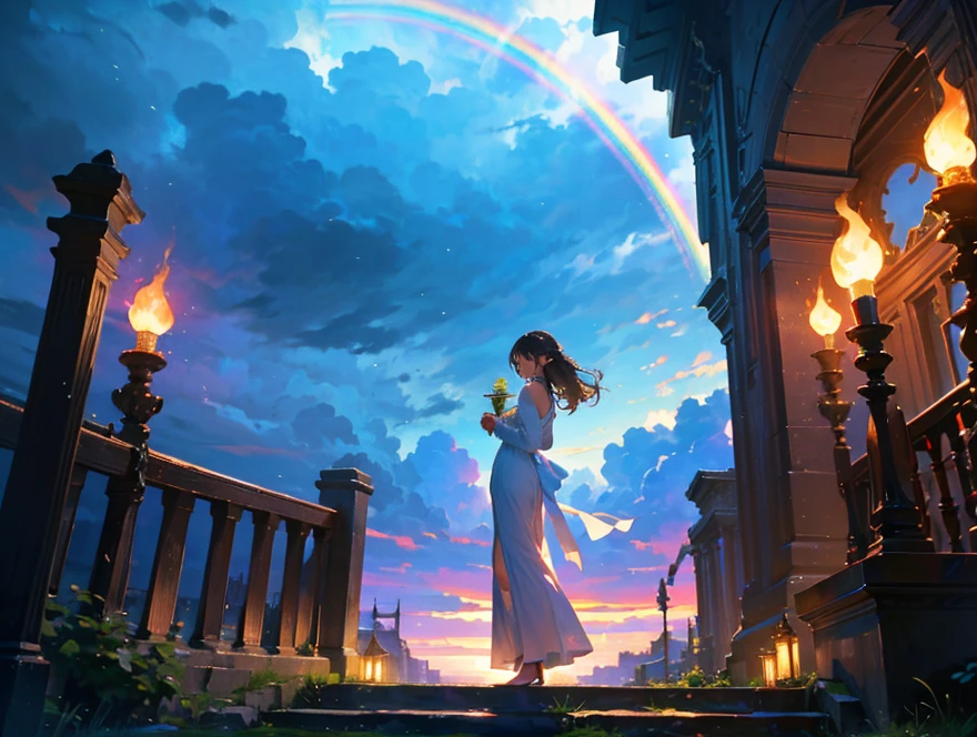 A woman with her back turned, so you cannot see her face. She’s wearing one of those long white nightgowns, with some ruffles on the edges. She has medium brown hair that’s kind of in the middle of a flowing movement. She’s holding a lit candle, and the light from the flame turns into this rainbow shine.
She stands on a simple stone staircase, shown from a side angle, like she stopped to stare at the storm clouds ahead of her. The staircase appears to float in the middle of nowhere, surrounded entirely by storm clouds. The clouds stretch far from front her, creating a vast stormy sky that fades into distance. The candle’s radiant rainbow light cuts through the clouds like a magical beam, making the whole scene feel like a moment suspended between reality and a dream.
