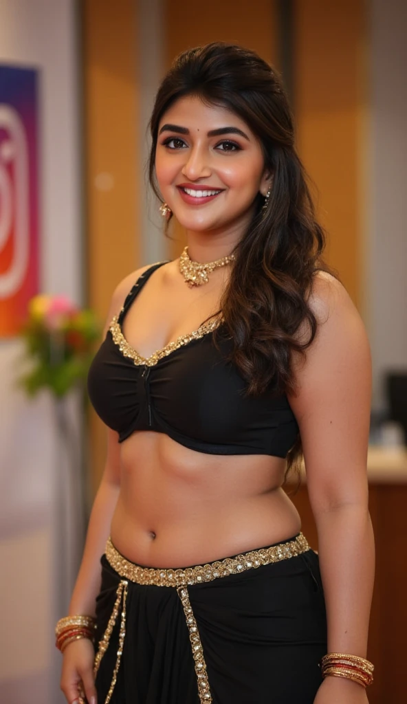 night, extreme close up photo of sexy indian, big cheeks, curvy, hourglass figure, swooping breasts, deep cleavage, open arms, sexy armpits, seducing in Cannes movie festival, French braid hair, necklace, black see through strapless saree, look at viewer and subtle smile, (cinematic:1.3), intricate details, (ArtStation:1.2)