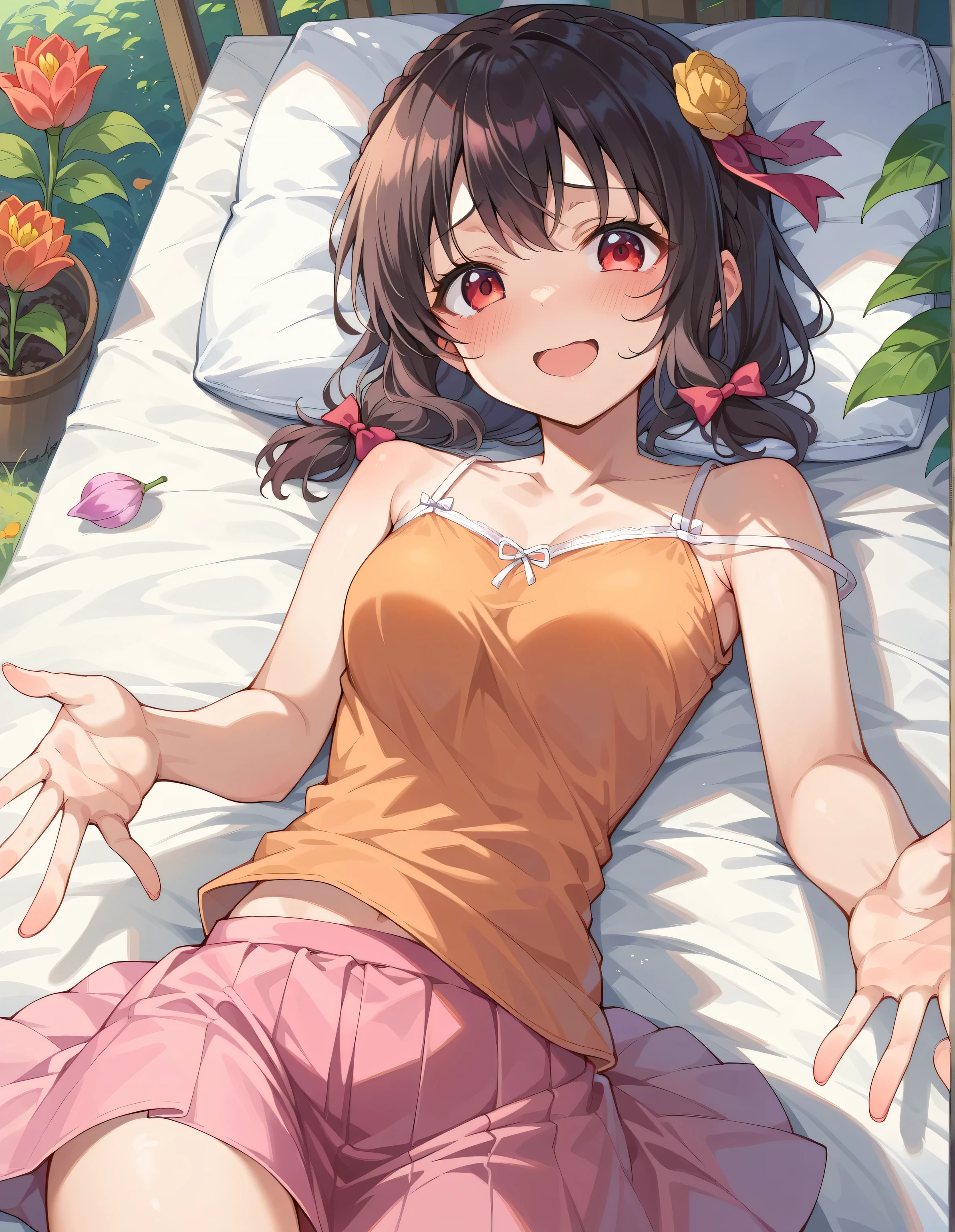 HD,High Quality、
Yunyun、 (One person)、red eyes、black hair, hair accessories, (orange camisole),pink skirt、solo、high ponytail、,blush,(shy and smile),Short hair、opens her mouth and laughs、(lie flat),(on back),(outside),(Tulip Fields),reaching